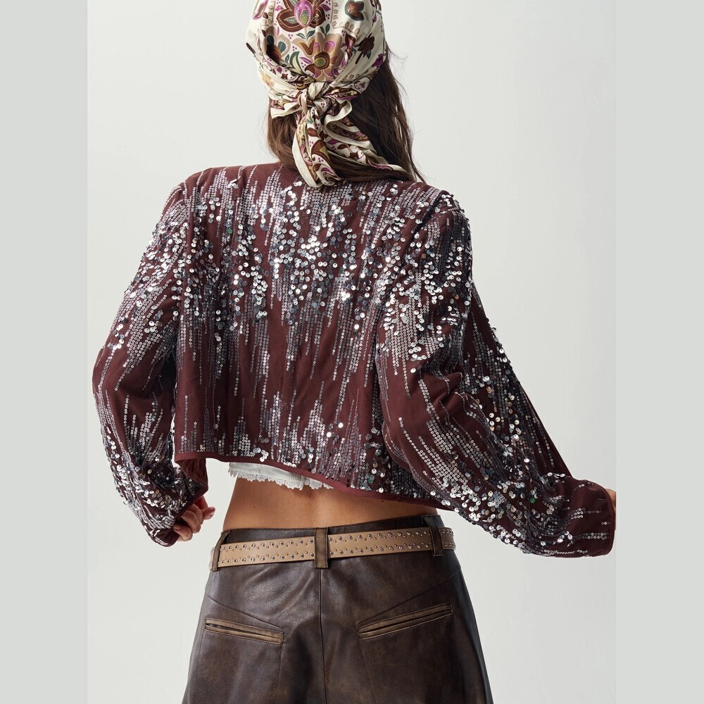 Brown / Silver Sequin Open Front Cropped Jacket